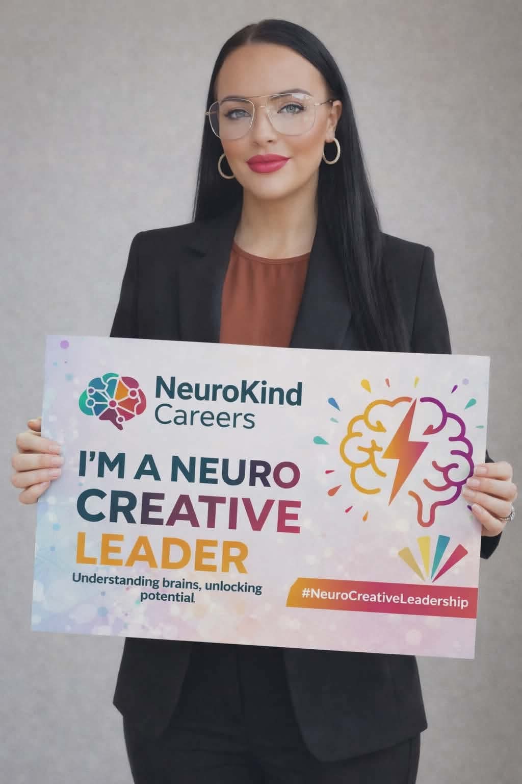 Emma Snell holding a NeuroKind Careers Neuro Creative Leader sign — understanding brains, unlocking potential.