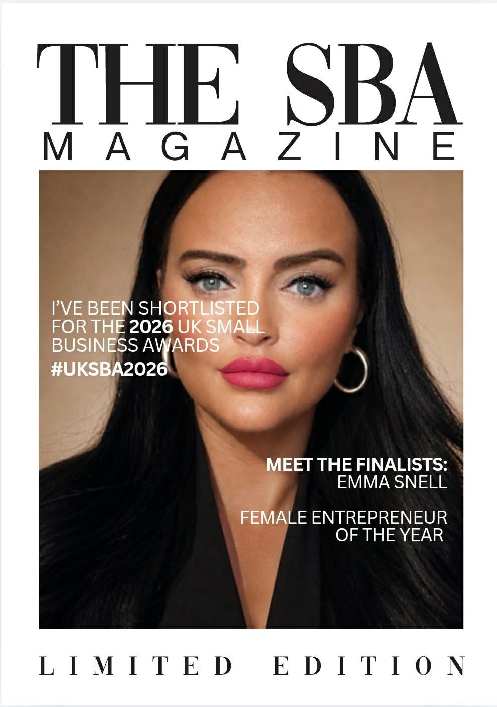The SBA Magazine cover featuring Emma Snell, shortlisted for the 2026 UK Small Business Awards — Female Entrepreneur of the Year.